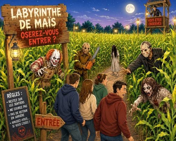 TERREUR DANS LE MAÏS Chez Lucas Kessler — Route de Raedersheim - Soultz Samedis 15 et 22 août 2026 Pour deux nocturnes spéciales, plusieurs comédiens déambuleront dans le labyrinthe de maïs transformé pour l’occasion en terrain de jeu cauchemardesque. Silhouettes surgissant entre les épis, personnages dérangés, humour grinçant et surprises nocturnes accompagneront les visiteurs tout au long du parcours. Une aventure immersive à vivre en famille… ou presque. Déconseillé aux moins de 15 ans !